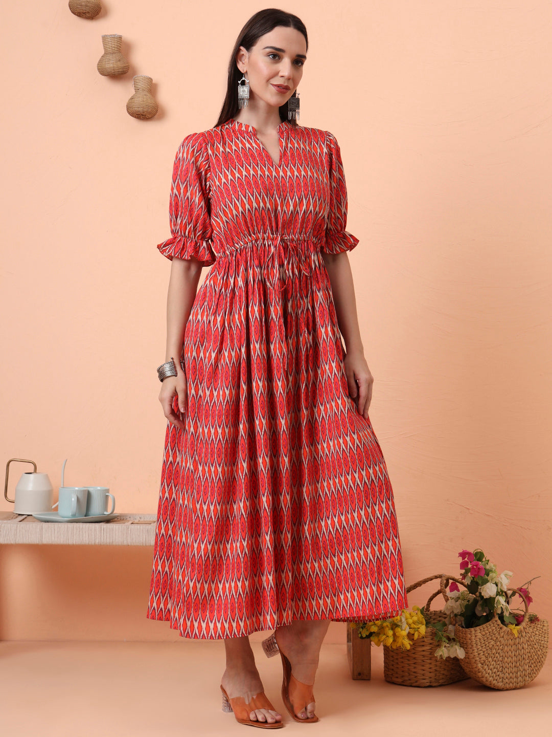 Women Orange Printed Fit & Flared Waist Tie-up Dress