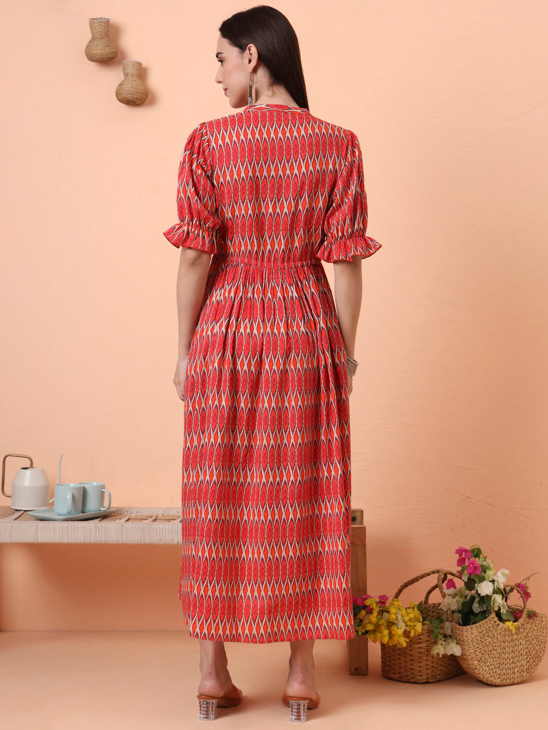 Women Orange Printed Fit & Flared Waist Tie-up Dress