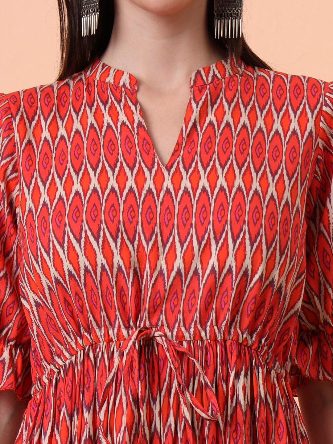 Women Orange Printed Fit & Flared Waist Tie-up Dress