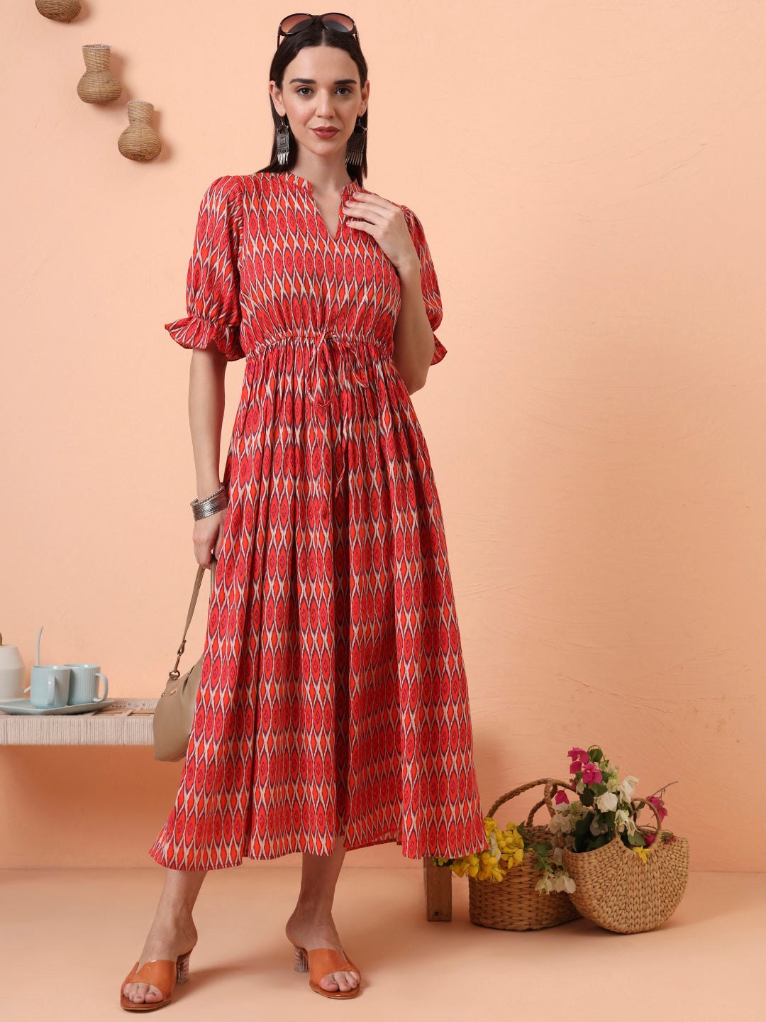 Women Orange Printed Fit & Flared Waist Tie-up Dress