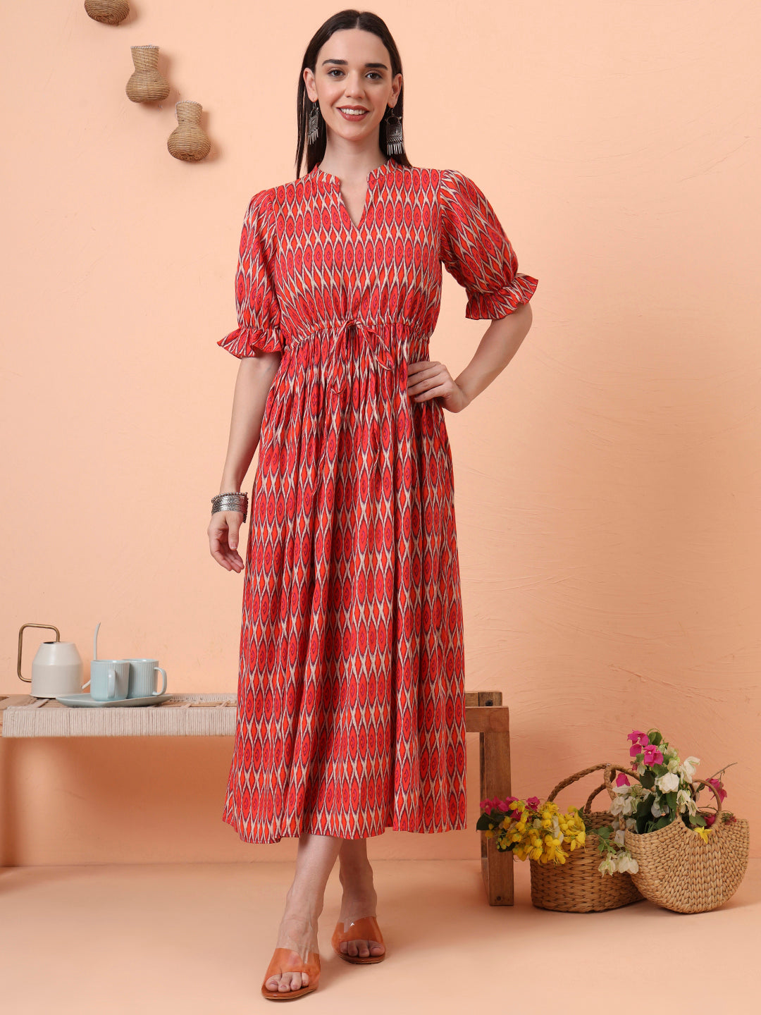 Women Orange Printed Fit & Flared Waist Tie-up Dress