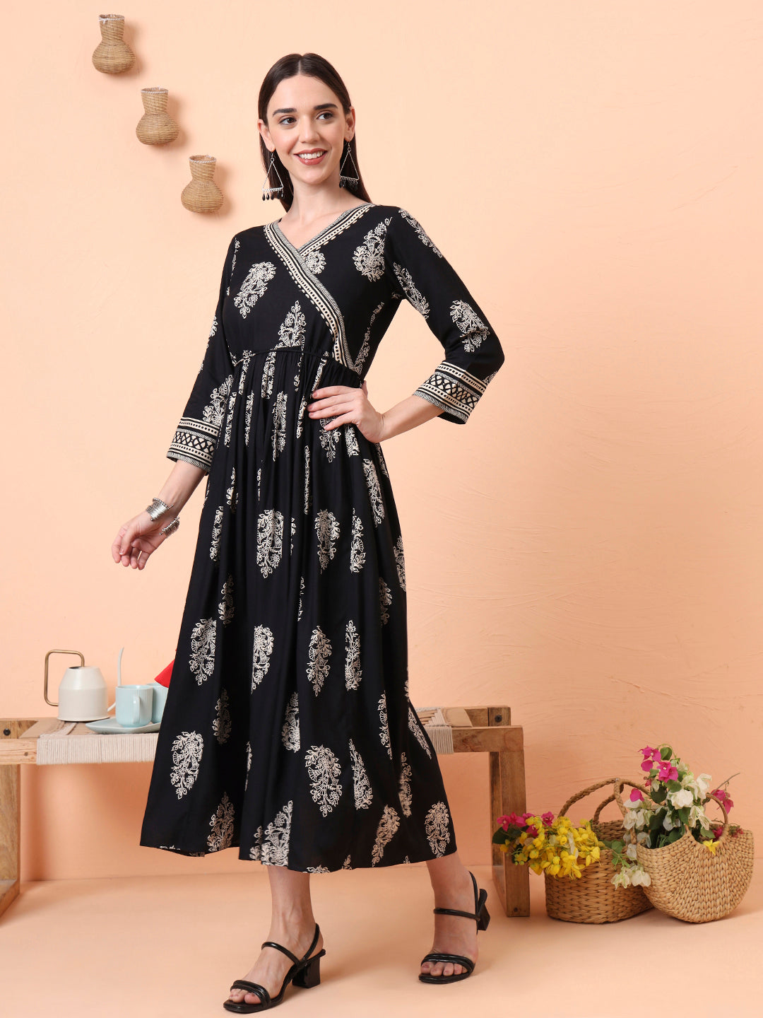 Women Black Floral Printed Pure Cotton Angrakha Kurta
