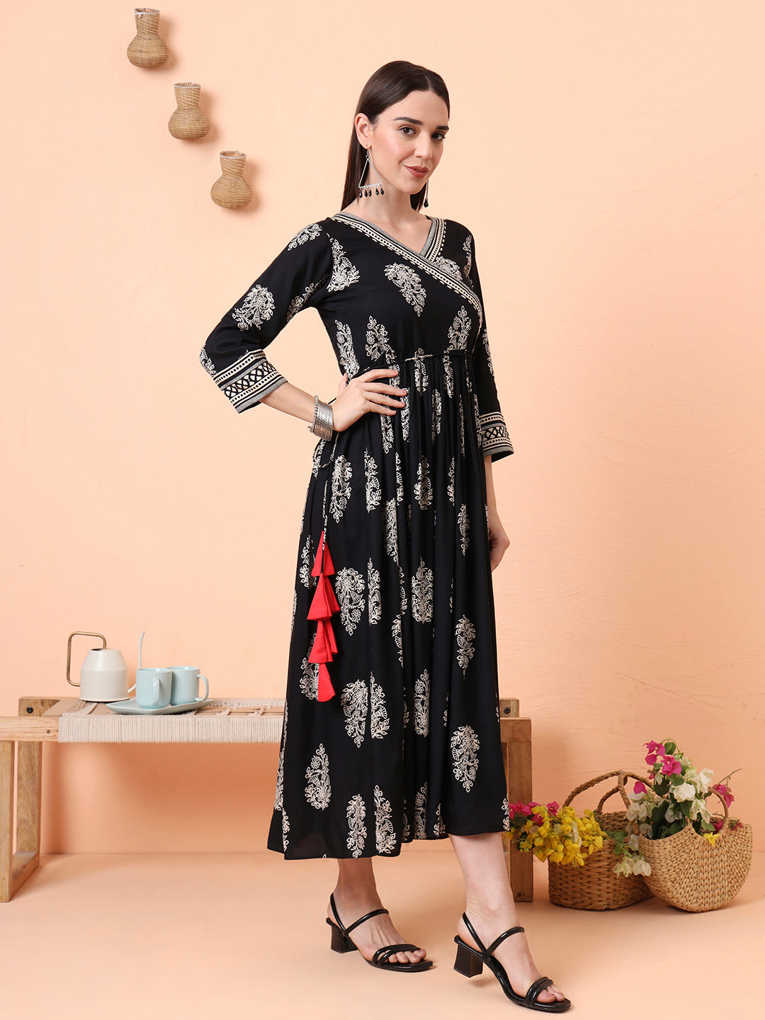 Women Black Floral Printed Pure Cotton Angrakha Kurta