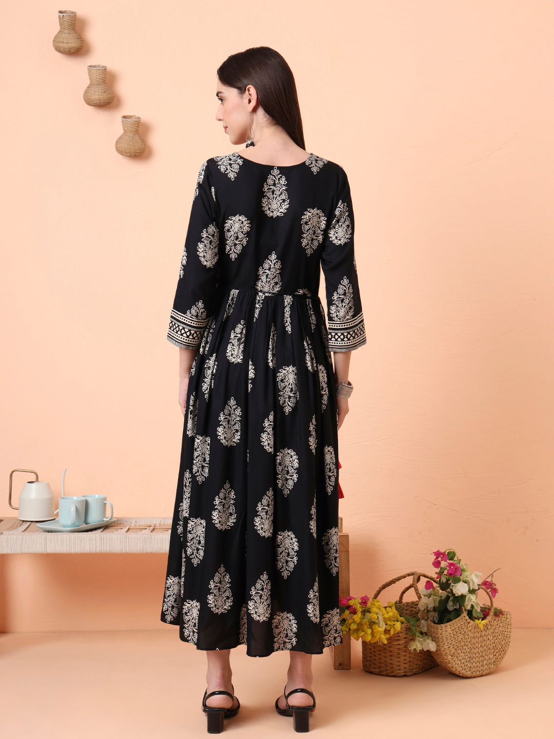 Women Black Floral Printed Pure Cotton Angrakha Kurta