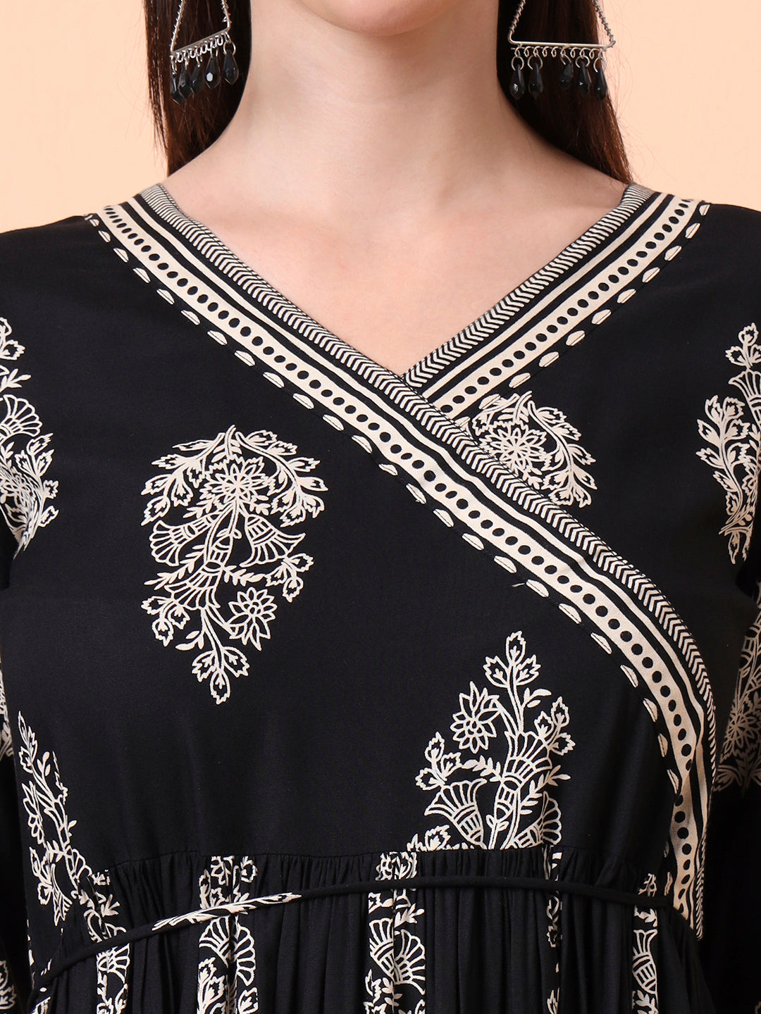 Women Black Floral Printed Pure Cotton Angrakha Kurta