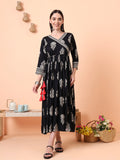 Women Black Floral Printed Pure Cotton Angrakha Kurta