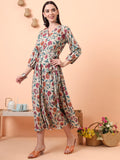 Women Beige Floral Printed Fit & Flared Waist Tie-up Dress