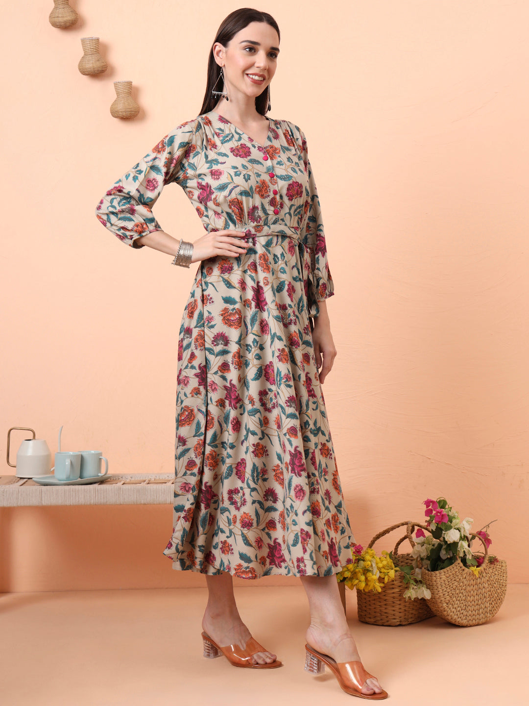 Women Beige Floral Printed Fit & Flared Waist Tie-up Dress