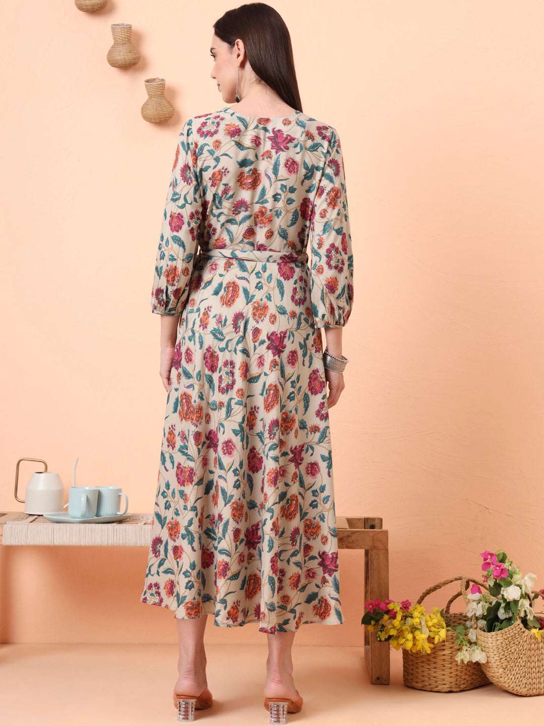 Women Beige Floral Printed Fit & Flared Waist Tie-up Dress