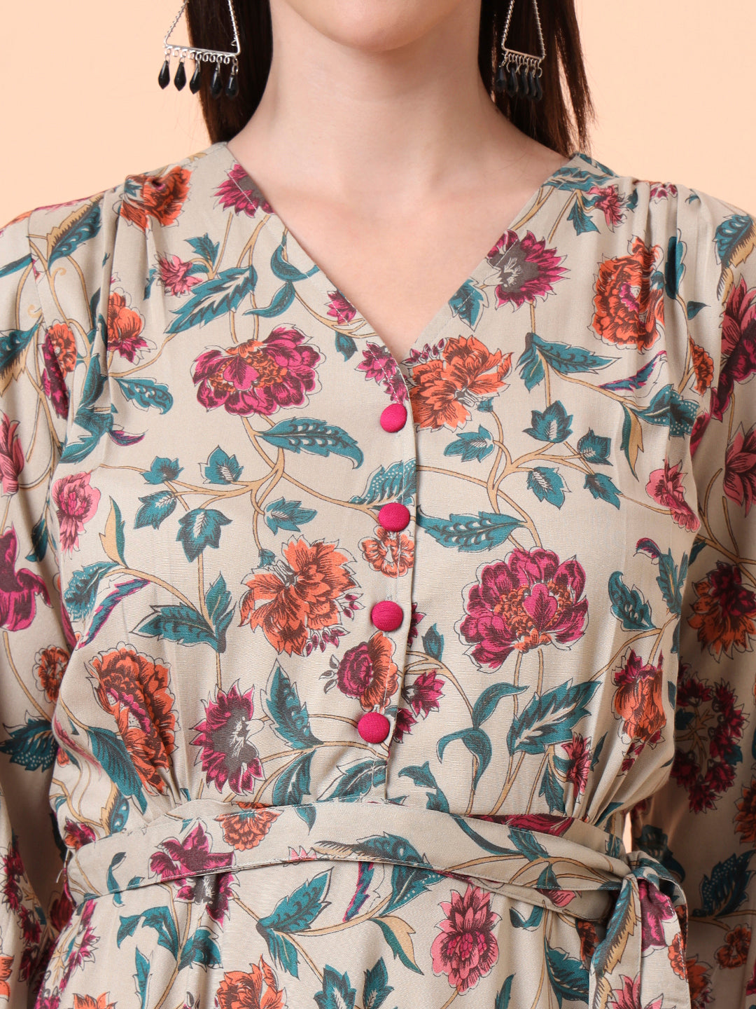 Women Beige Floral Printed Fit & Flared Waist Tie-up Dress