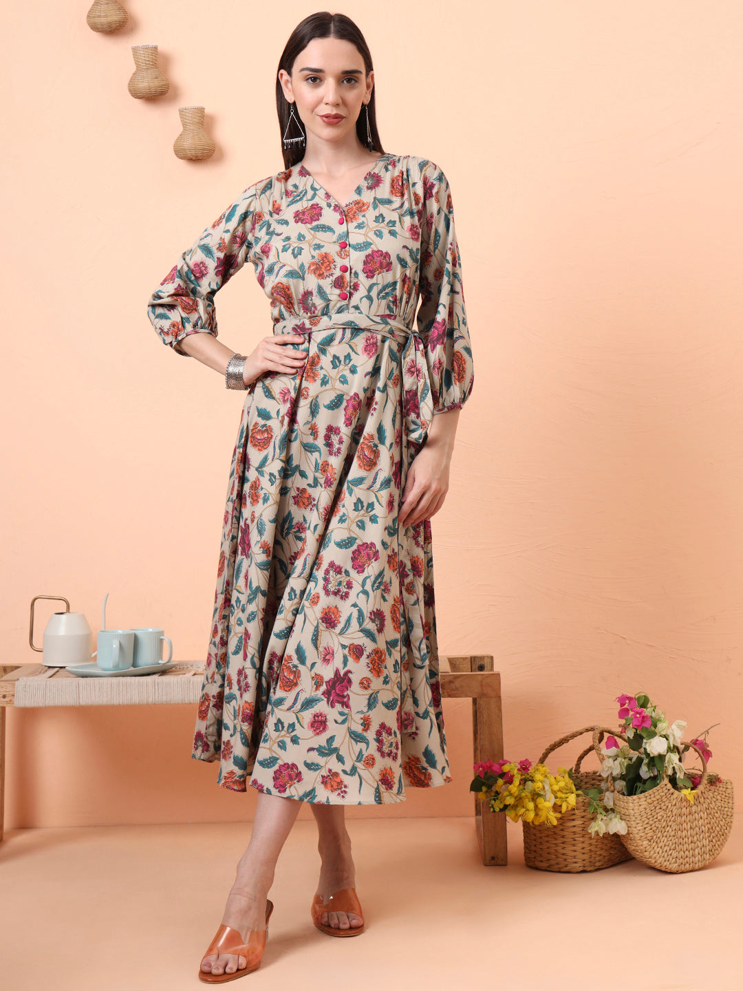 Women Beige Floral Printed Fit & Flared Waist Tie-up Dress