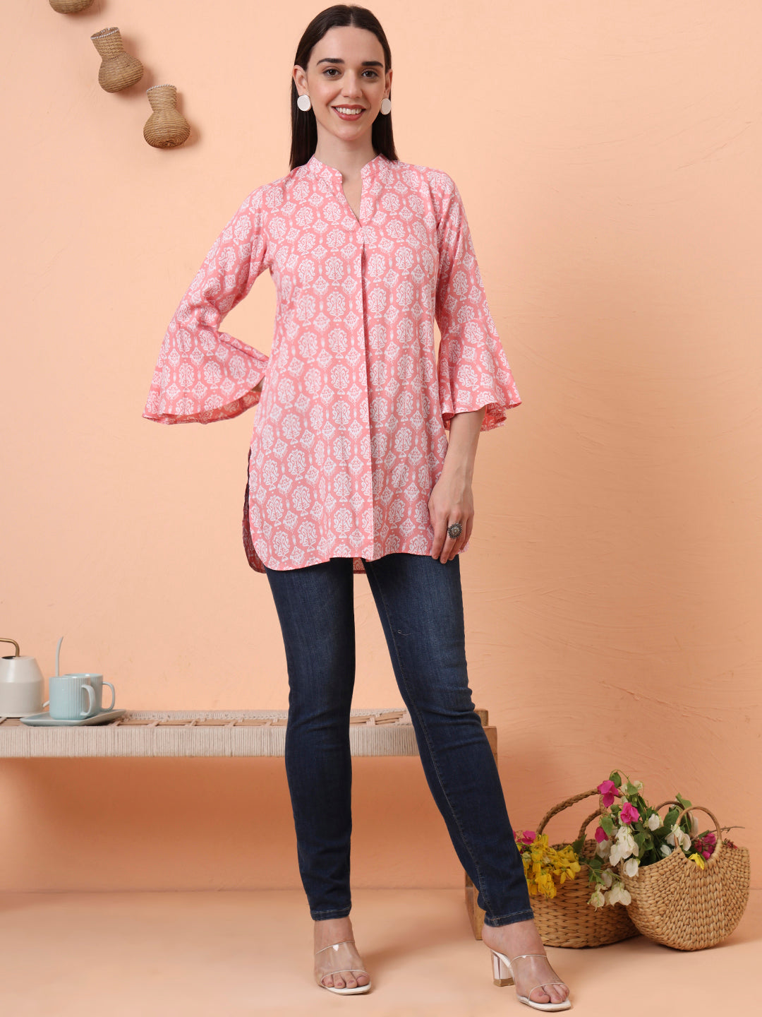 Women Pure Cotton Peach Printed Flared Sleeves Kurti