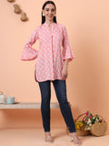 Women Pure Cotton Peach Printed Flared Sleeves Kurti