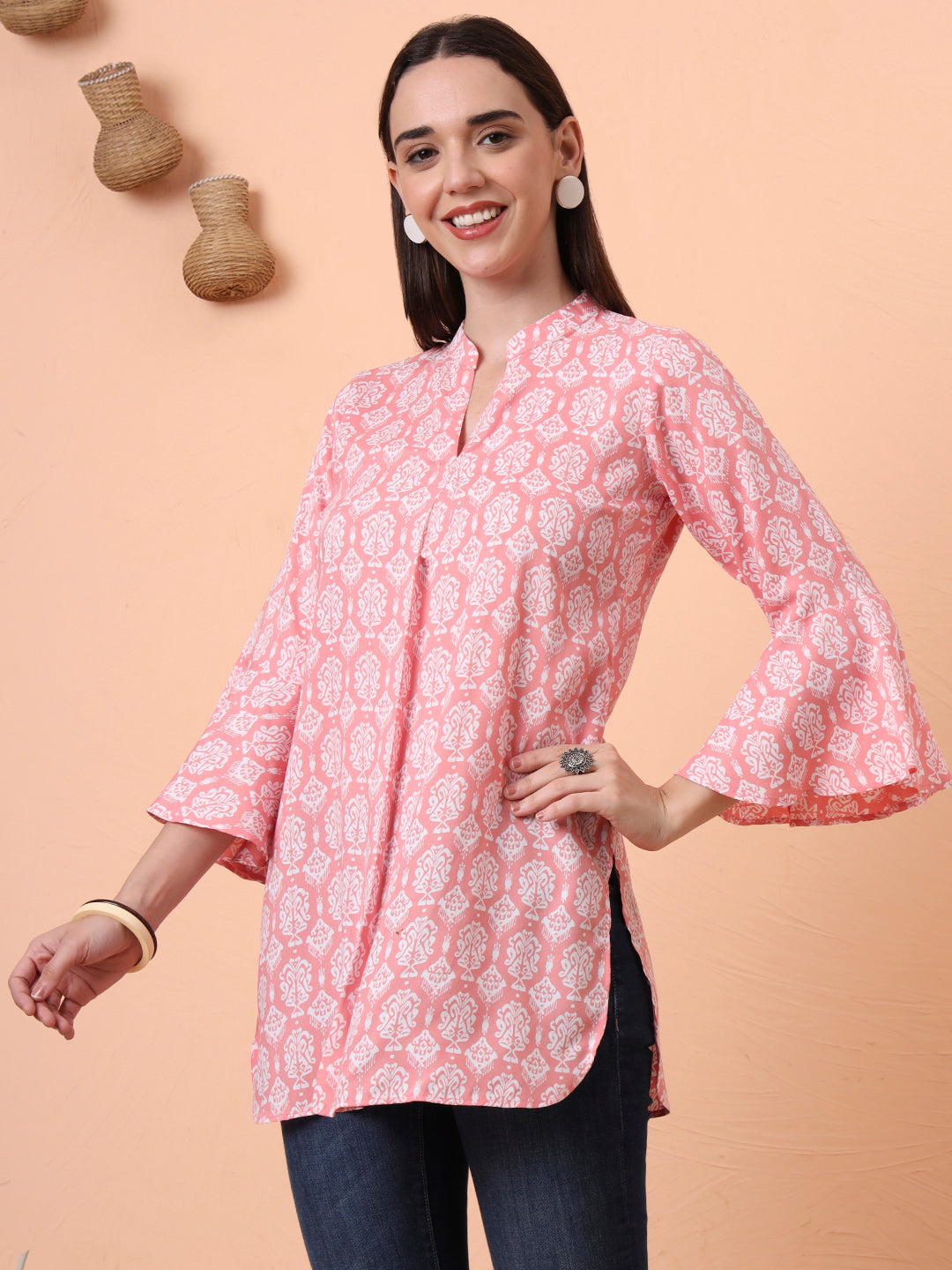 Women Pure Cotton Peach Printed Flared Sleeves Kurti