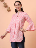 Women Pure Cotton Peach Printed Flared Sleeves Kurti