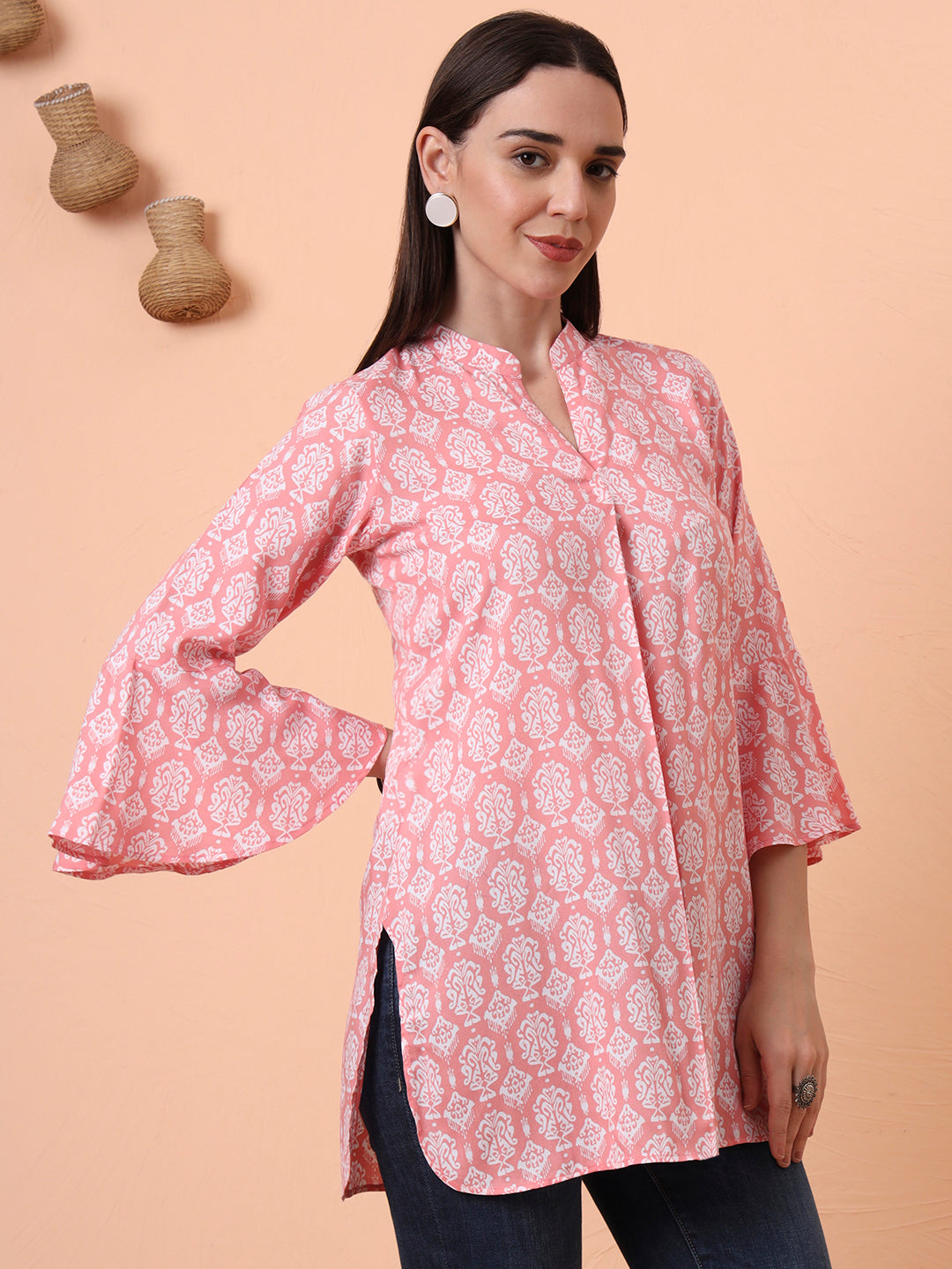 Women Pure Cotton Peach Printed Flared Sleeves Kurti