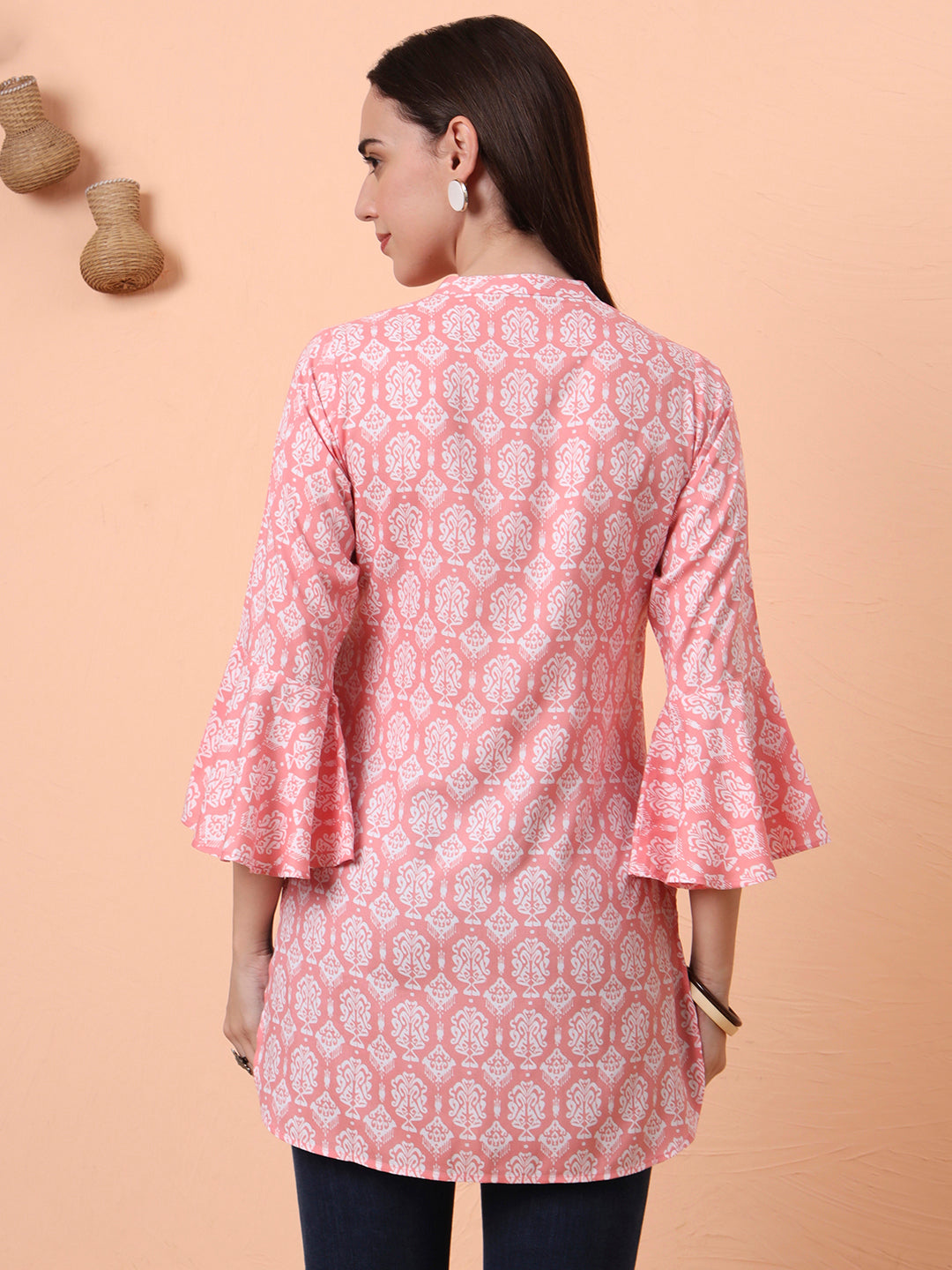 Women Pure Cotton Peach Printed Flared Sleeves Kurti