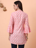 Women Pure Cotton Peach Printed Flared Sleeves Kurti