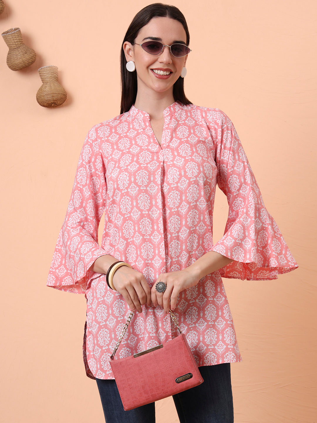 Women Pure Cotton Peach Printed Flared Sleeves Kurti