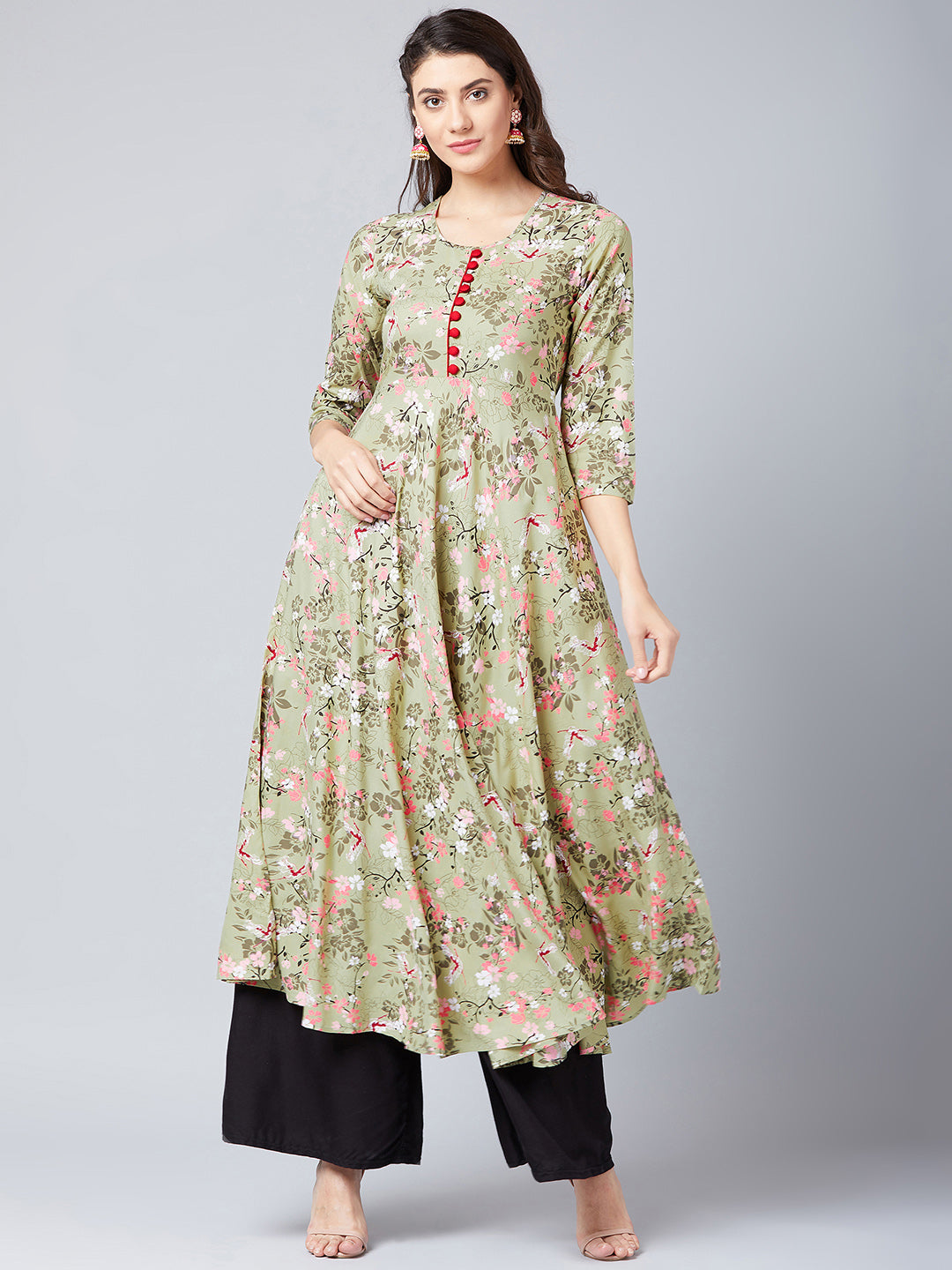 Women Rayon Green Floral Printed Flared Kurta