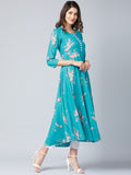 Women Rayon Turquoise Printed A-Line Kurta