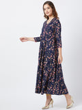 Women Rayon Navy Floral Printed Flared Kurta