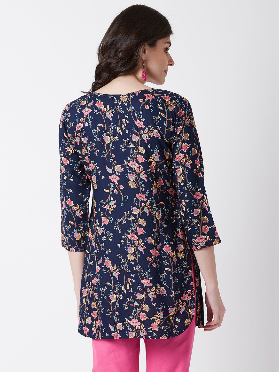 Women Rayon Navy Blue Floral Printed Kurti