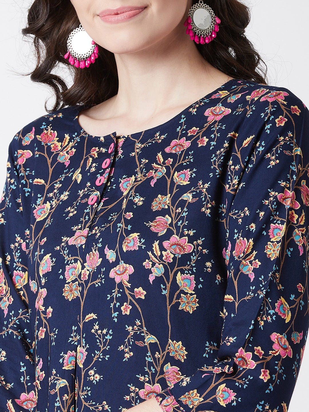 Women Rayon Navy Blue Floral Printed Kurti