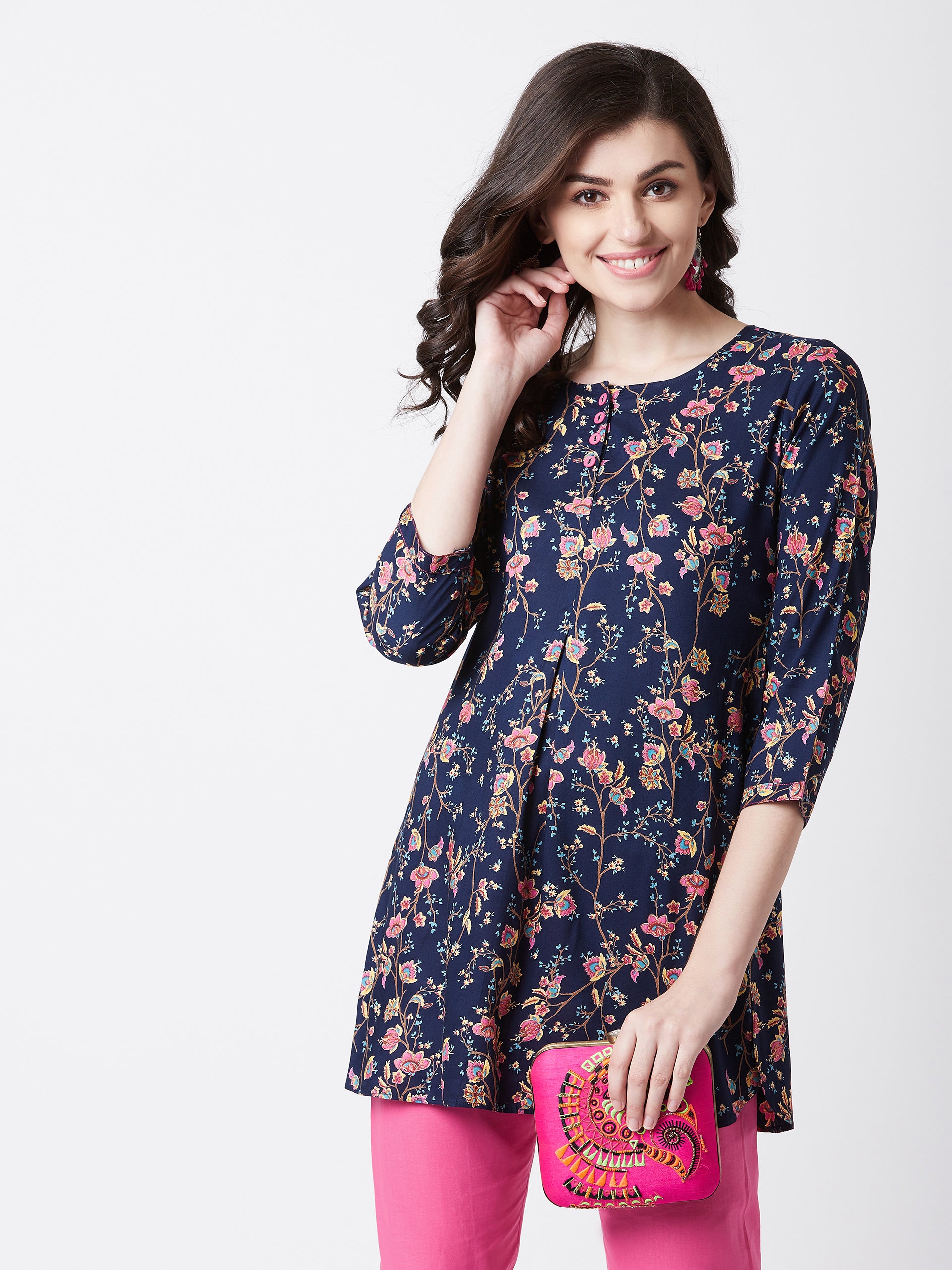 Women Rayon Navy Blue Floral Printed Kurti