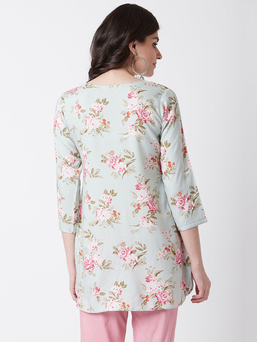 Women Rayon Sage Green & Pink Floral Printed Kurti