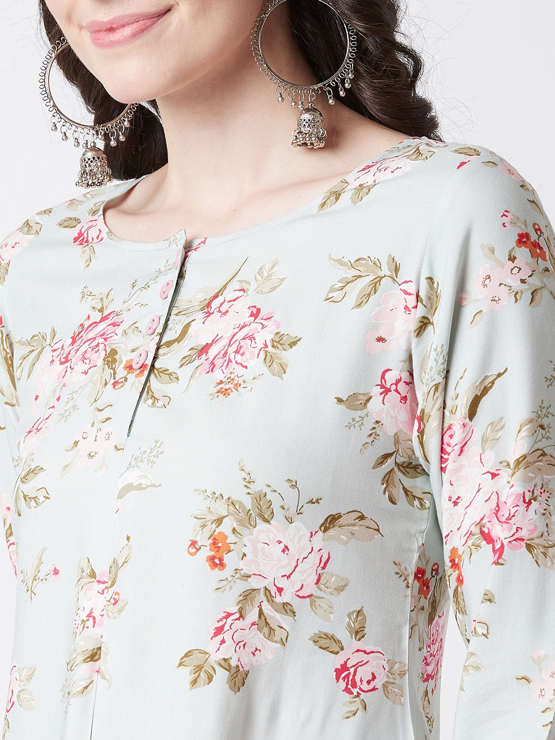 Women Rayon Sage Green & Pink Floral Printed Kurti